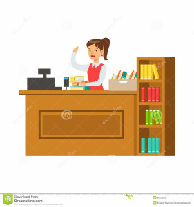 bibliotekarka-przy-jej-miejscem-pracy-z-półka-na-książki-uśmiechnięta-osoba-w-bibliotecznej-wektorowej-ilustraci-85232052